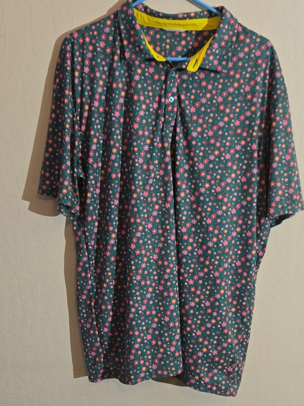Men's Green Floral Polo Shirt with Pink Accents